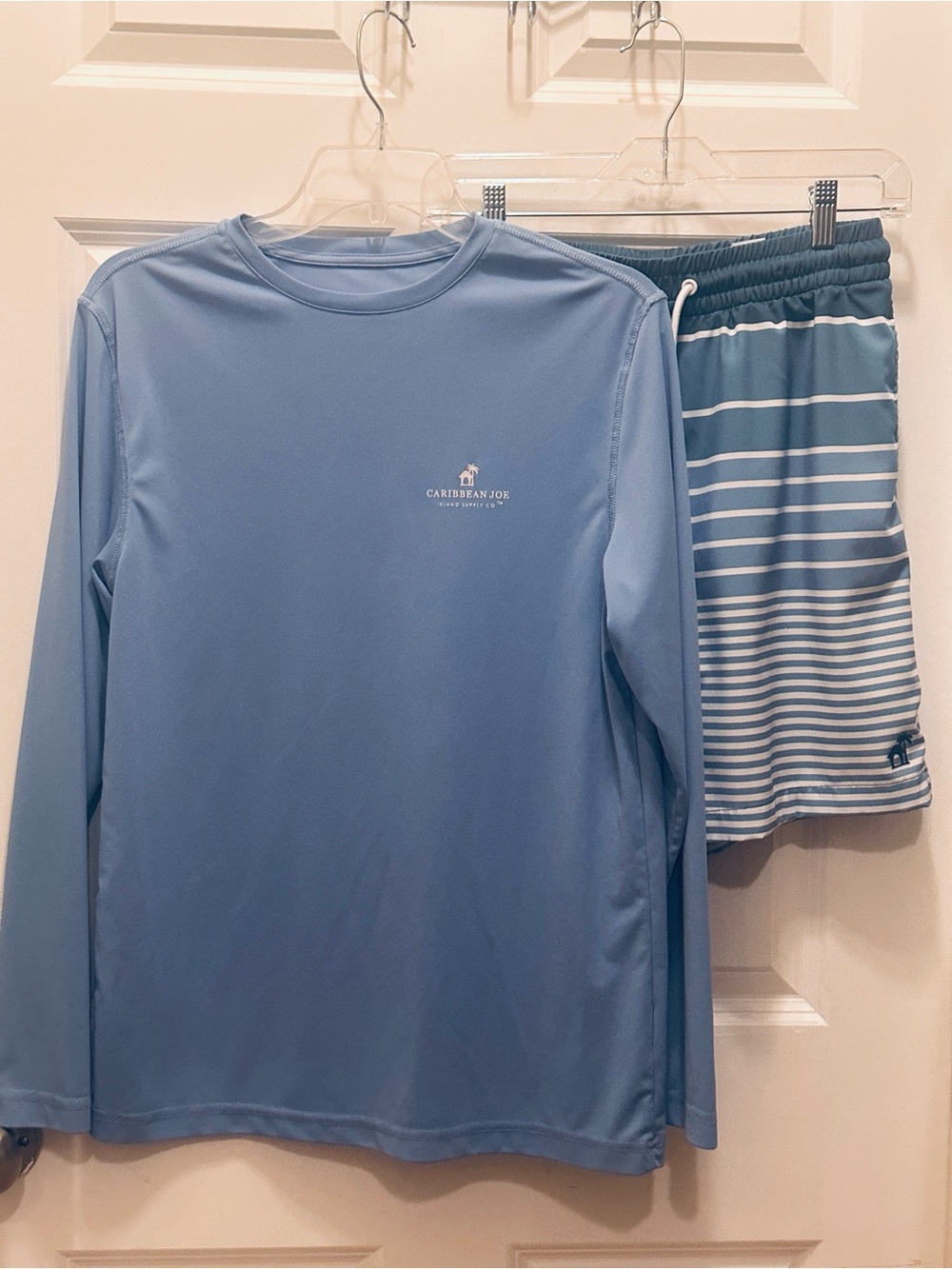 Caribbean Joe Light Blue Long Sleeve Rash Guard with Striped Swim Trunks